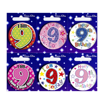 Age 9 Mix Small Badges 55mm 6pk