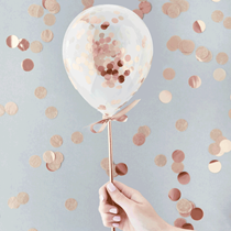 Mini Clear Latex Balloons With Rose Gold Confetti & Sticks 5pk