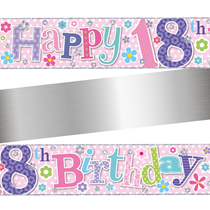 Age 18 Happy Birthday PInk Holographic Foil Banner 9ft