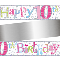 Age 10 Happy Birthday PInk Holographic Foil Banner 9ft