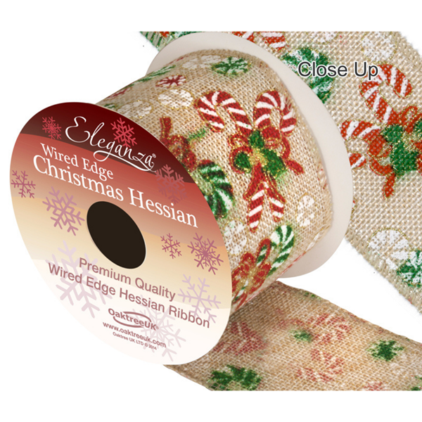 Christmas Candy Cane Hessian Wired Edge 63mm Ribbon 10yds