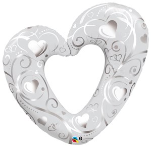Pearl White & Silver Open Heart Filigree 42" Foil Balloon