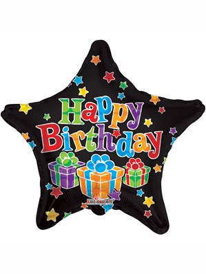 Black Stars and Presents Happy Birthday 18" Foil Balloon