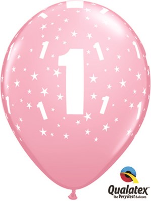 Age 1 Light Pink Star Print 11" Latex Balloons 6pk