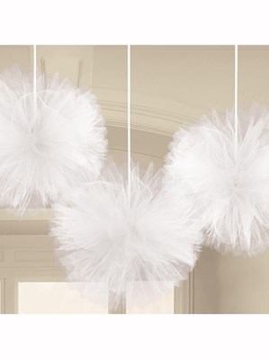 White Fluffy Tulle Hanging Decorations 3pk