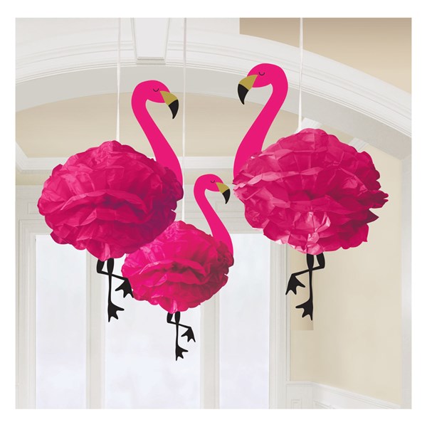 Deluxe Fluffy Flamingo 49cm Hanging Decorations 3pk