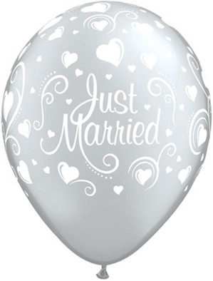 Qualatex 11" Just Married Hearts Silver Latex Balloons 6pk