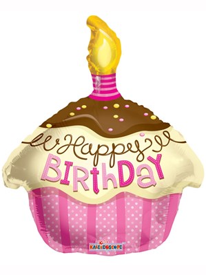Happy Birthday Pink Cupcake Shape Foil Balloon 18"