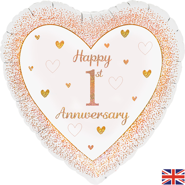 1st Anniversary Rose Gold Holographic Heart 18" Foil Balloon