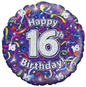 18" 16th Birthday Streamers Holographic Foil Balloon