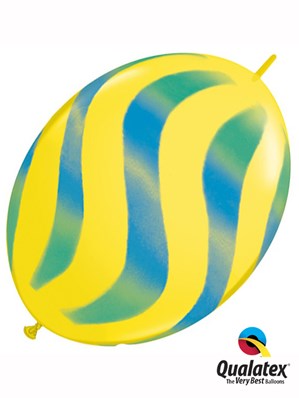 Qualatex 12" Blue & Green Wavy Stripes 12" Quick Link Balloons 50pk