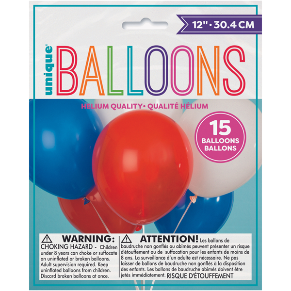 Red, White & Blue 12" Assorted Latex Balloons 15pk