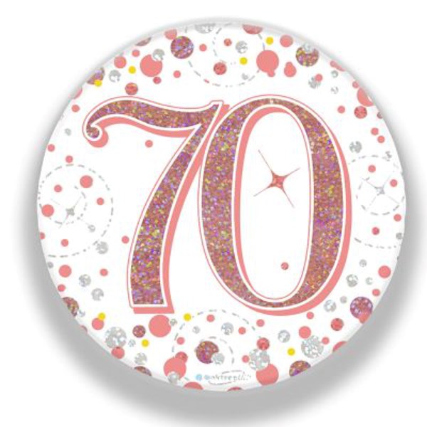 70th Birthday Sparkling Fizz Rose Gold Holographic Badge
