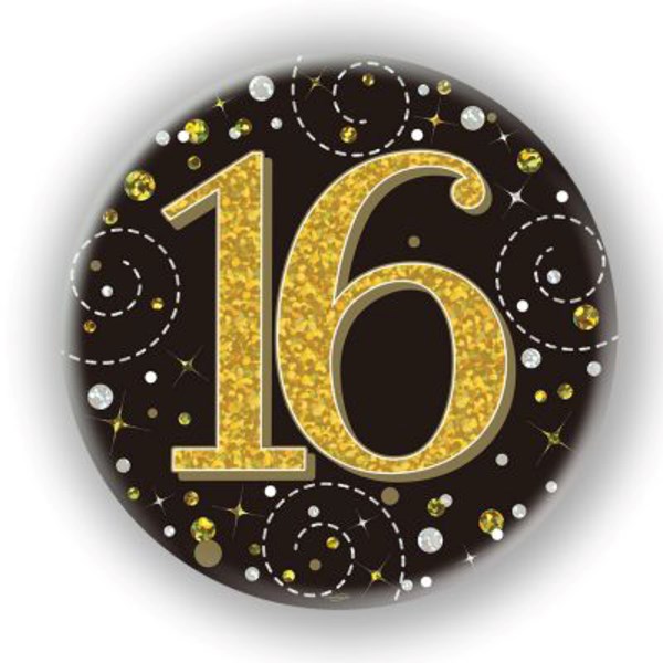 16th Birthday Sparkling Fizz Black Gold Holographic Badge
