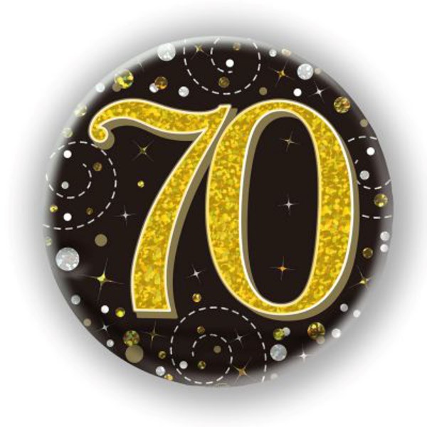 70th Birthday Sparkling Fizz Black Gold Holographic Badge