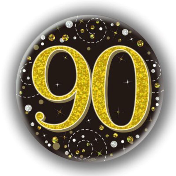 90th Birthday Sparkling Fizz Black Gold Holographic Badge
