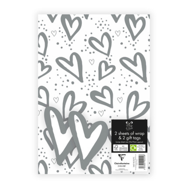 Grey Hearts Gift Wrap Sheets & Tags 2pk