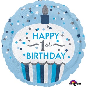1st Birthday Cupcake Boy Holographic 18" Round Foil Balloon