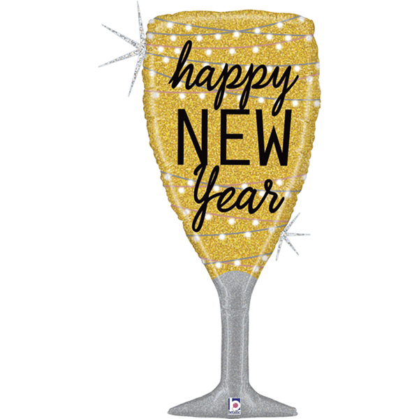 Happy New Year Champagne Glass 37" Holographic Foil Balloon