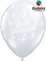 Diamond Clear Just Married Butterflies 11" Latex Balloons 25pk