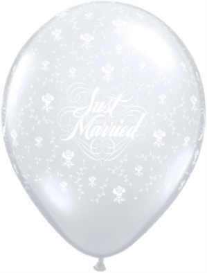 Diamond Clear Just Married Flowers 11" Latex Balloons 25pk
