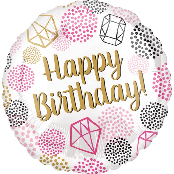 Happy Birthday Gems Pink Black 18" Foil Balloon