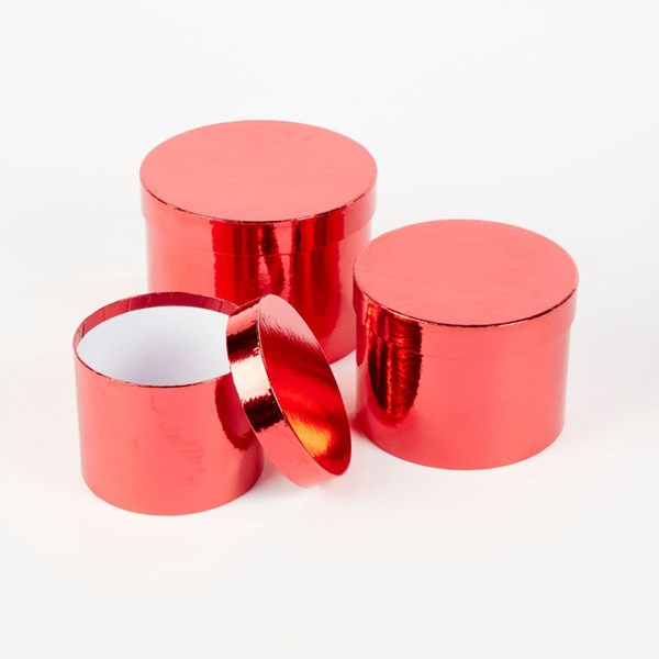 Metallic Red Round Lined Hat Boxes - Set of 3