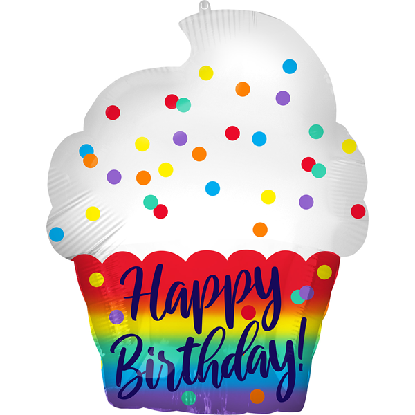 NEW Happy BIrthday Rainbow Cupcake 18" Foil Balloon