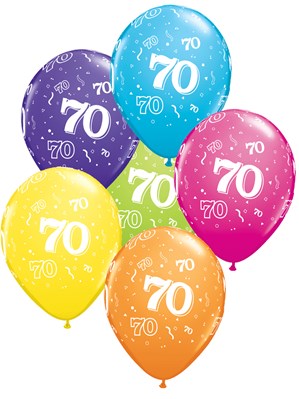 Age 70 Assorted Colour Latex 11" Balloons 6pk