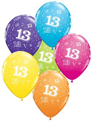 Age 13 Latex 11" Assorted Colour Balloons 6pk