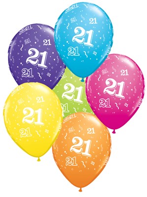 Age 21 Latex 11" Balloons 6pk Assorted Colours