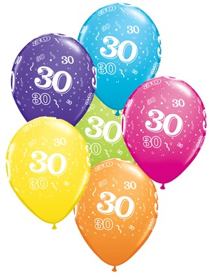 30th Birthday 11" Latex Balloons 6pk Assorted Colours