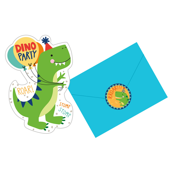 Dinosaur Shaped Party Invitations & Stickers 8pk