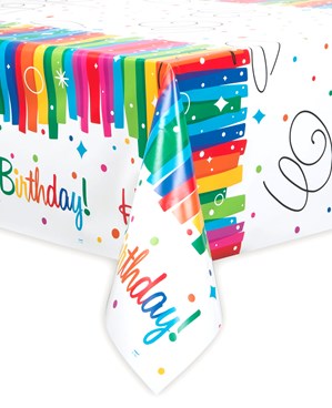 Rainbow Ribbons Happy Birthday Reusable Plastic Tablecover