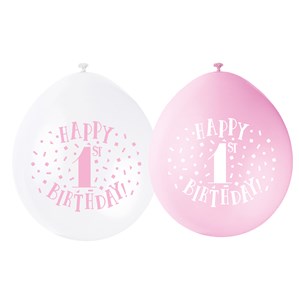 Pink and White 1st Birthday Latex Balloons 10pk