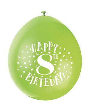 Assorted Colour 8th Birthday Latex Balloons 10pk