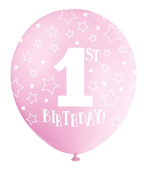 Pearlised Pink 1st Birthday Latex Balloons 5pk