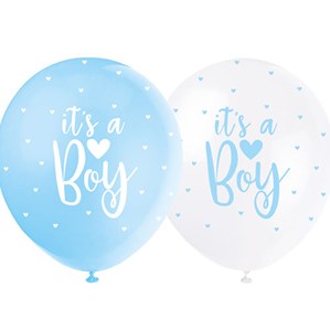 Pearl Blue and White 12" It's A Boy Latex Balloons 5pk