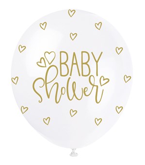 Pearl White 12" Gold Baby Shower Latex Balloons 5pk