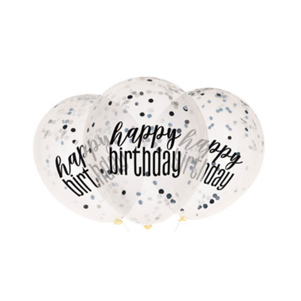 Black Glitz Happy Birthday Confetti 12" Latex Balloons 6pk