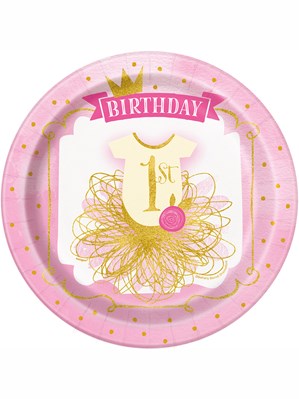 Pink & Gold 1st Birthday 9" Paper Plates 8pk