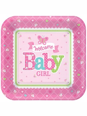 Welcome Baby Girl Square Paper Plates 8pk
