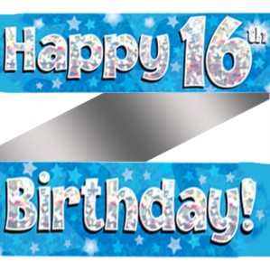 16th Birthday Blue Holographic Banner