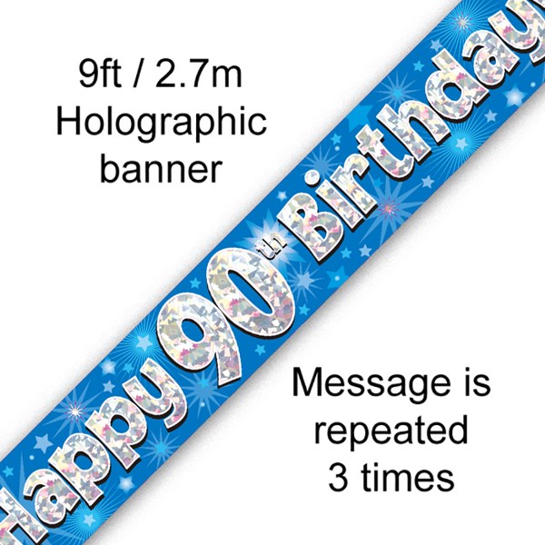 90th Birthday Blue Holographic Banner