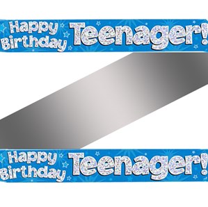 Blue Happy Birthday Teenager Holographic Foil Banner