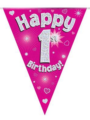 Pink Happy 1st Birthday Holographic Flag Banner