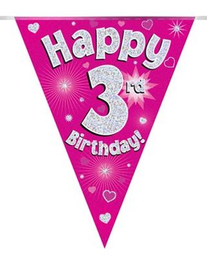 Pink Happy 3rd Birthday Holographic Flag Banner