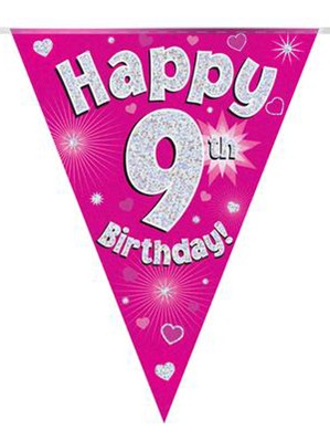 Pink Happy 9th Birthday Holographic Flag Banner