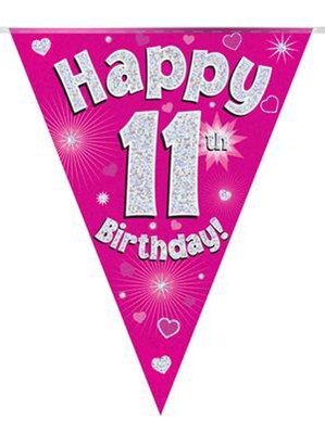 Pink Happy 11th Birthday Holographic Flag Banner