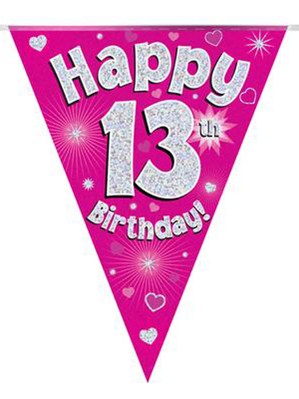 Pink Happy 13th Birthday Holographic Flag Banner